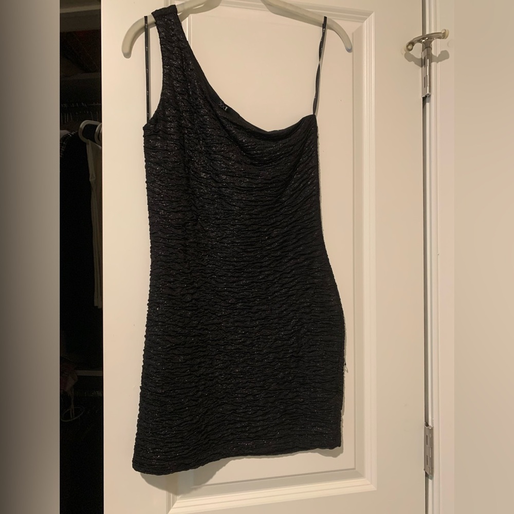 Sparkly black one shoulder mini dress